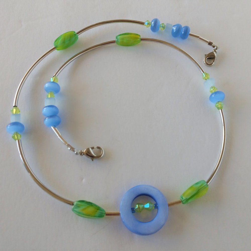 Periwinkle and Green Necklace With Silver Plated Brass Tubes Handmade 19 Inches